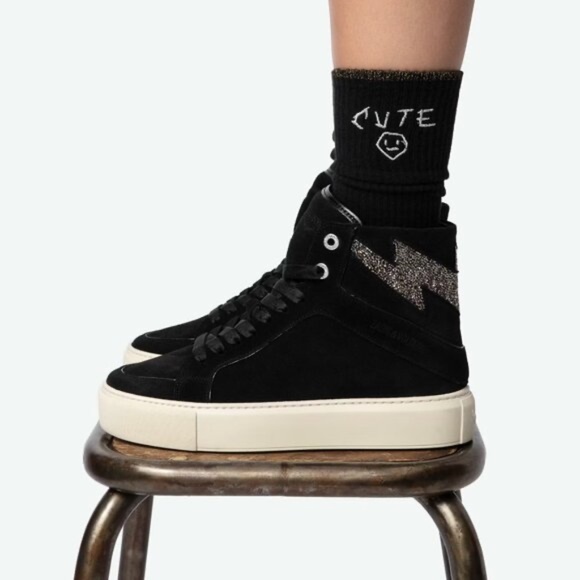 NIB | Zadig & Voltaire | High Flash Black Suede Crystal Lightning Bolt Sneakers - Picture 1 of 10